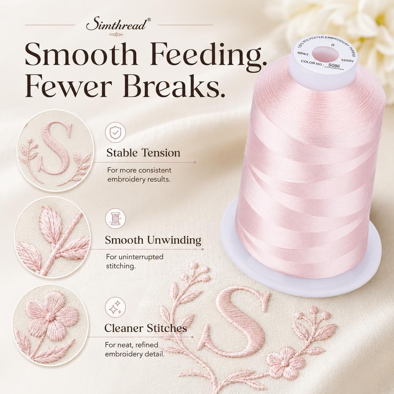 5000M 40WT Polyester Embroidery Thread, Light Peach Pink S086 | 5000M 40WT polyester thread feeds smoothly for machine embroidery, monograms, logos, patches and quilting.