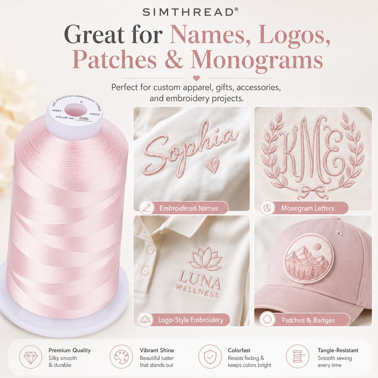 5000M 40WT Polyester Embroidery Thread, Light Peach Pink S086 | 5000M 40WT polyester thread feeds smoothly for machine embroidery, monograms, logos, patches and quilting.
