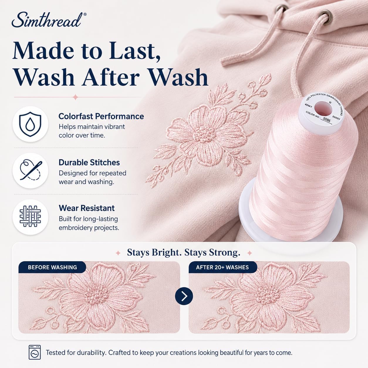 5000M 40WT Polyester Embroidery Thread, Light Peach Pink S086 | 5000M 40WT polyester thread feeds smoothly for machine embroidery, monograms, logos, patches and quilting.