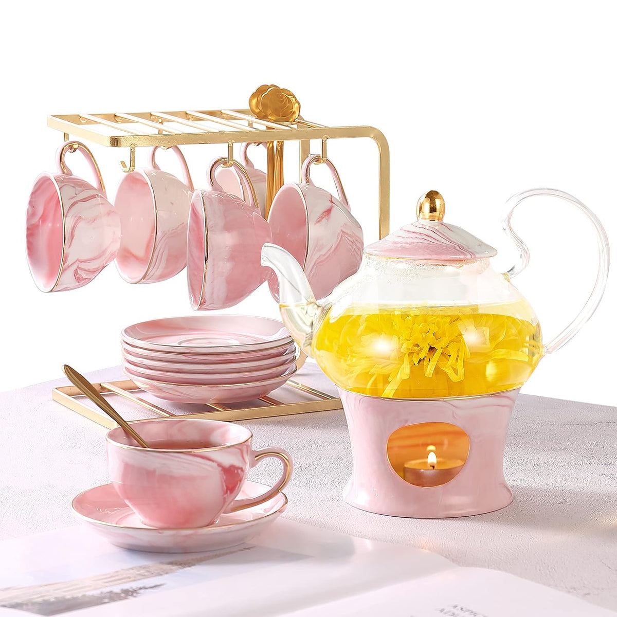 21 pcs Small Tea Set of 6, Pink Marble Set, Handcraft Golden Trim, Porcelain Tea Pot Set for Kids&Adults, 1 Glass Teapot(22oz), 6 Cups(4oz), 6 Saucers, 6 Spoons, 1 Shelf&1 Warmer