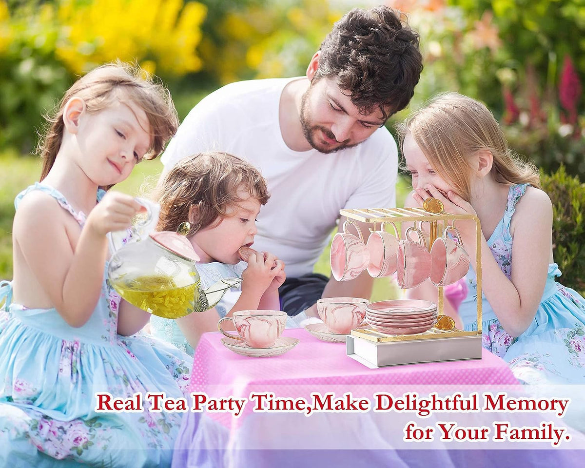 21 pcs Small Tea Set of 6, Pink Marble Set, Handcraft Golden Trim, Porcelain Tea Pot Set for Kids&Adults, 1 Glass Teapot(22oz), 6 Cups(4oz), 6 Saucers, 6 Spoons, 1 Shelf&1 Warmer
