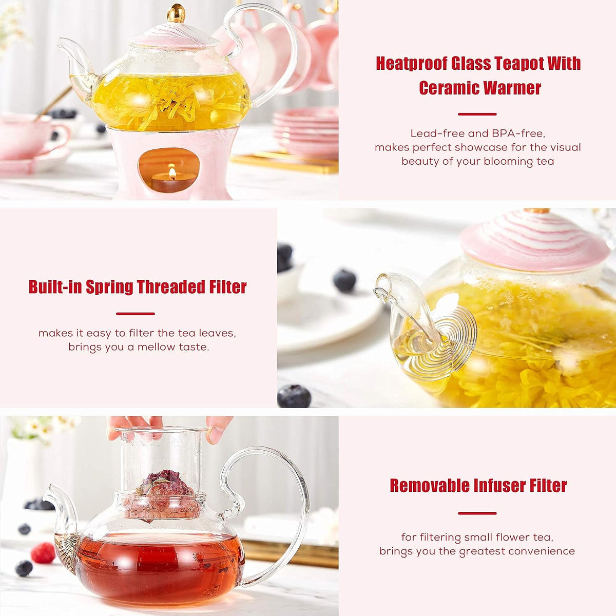 21 pcs Small Tea Set of 6, Pink Marble Set, Handcraft Golden Trim, Porcelain Tea Pot Set for Kids&Adults, 1 Glass Teapot(22oz), 6 Cups(4oz), 6 Saucers, 6 Spoons, 1 Shelf&1 Warmer