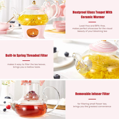 21 pcs Small Tea Set of 6, Pink Marble Set, Handcraft Golden Trim, Porcelain Tea Pot Set for Kids&Adults, 1 Glass Teapot(22oz), 6 Cups(4oz), 6 Saucers, 6 Spoons, 1 Shelf&1 Warmer