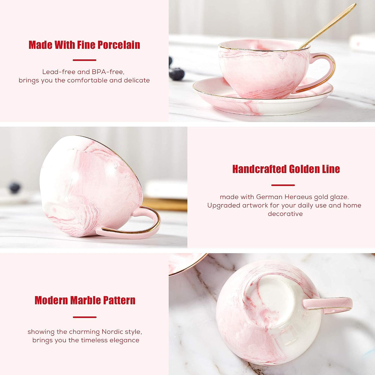 21 pcs Small Tea Set of 6, Pink Marble Set, Handcraft Golden Trim, Porcelain Tea Pot Set for Kids&Adults, 1 Glass Teapot(22oz), 6 Cups(4oz), 6 Saucers, 6 Spoons, 1 Shelf&1 Warmer
