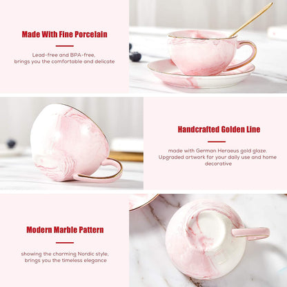 21 pcs Small Tea Set of 6, Pink Marble Set, Handcraft Golden Trim, Porcelain Tea Pot Set for Kids&Adults, 1 Glass Teapot(22oz), 6 Cups(4oz), 6 Saucers, 6 Spoons, 1 Shelf&1 Warmer