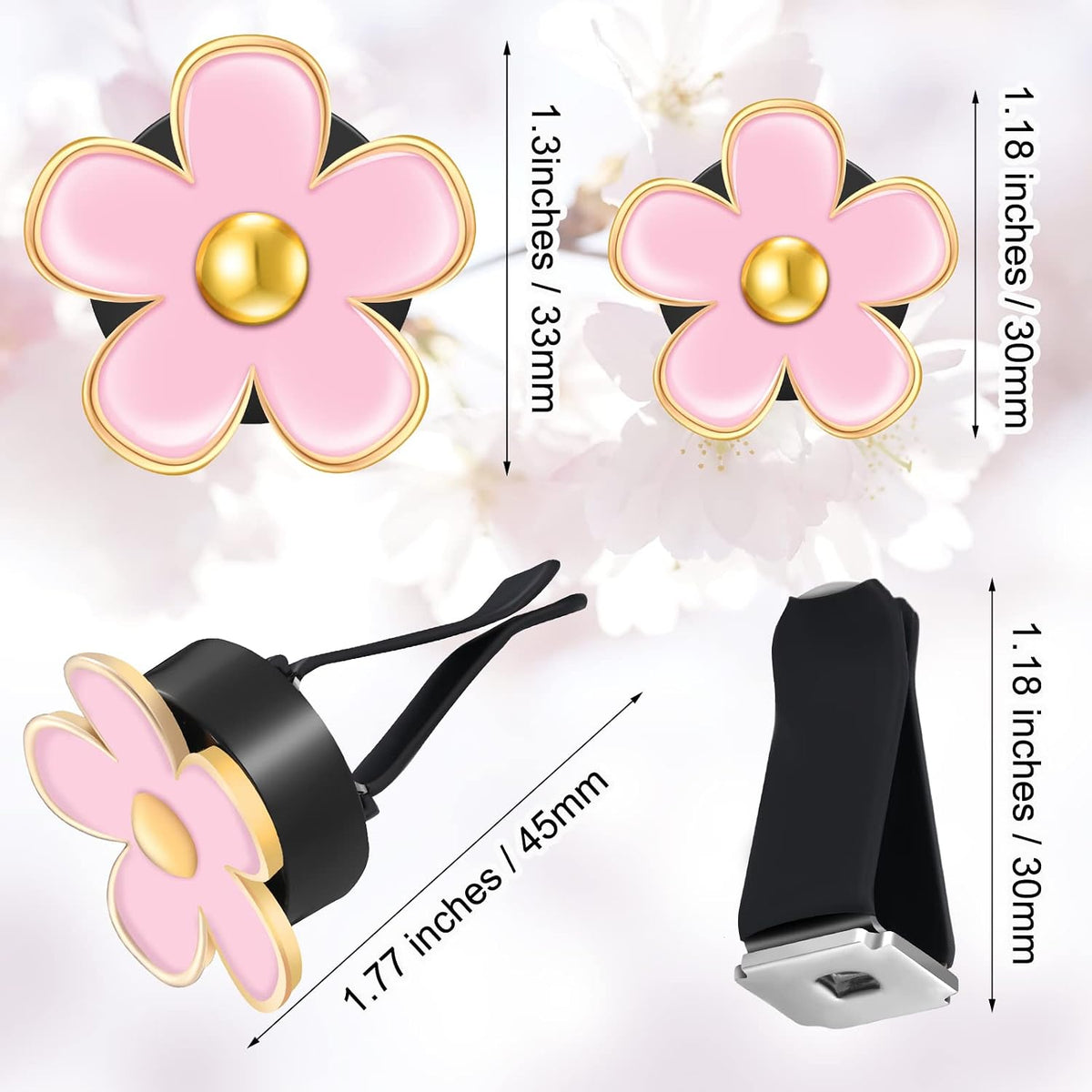 6 Pcs Daisy Vent Clips for Car, 3/3.3 cm, Black, Pink, White
