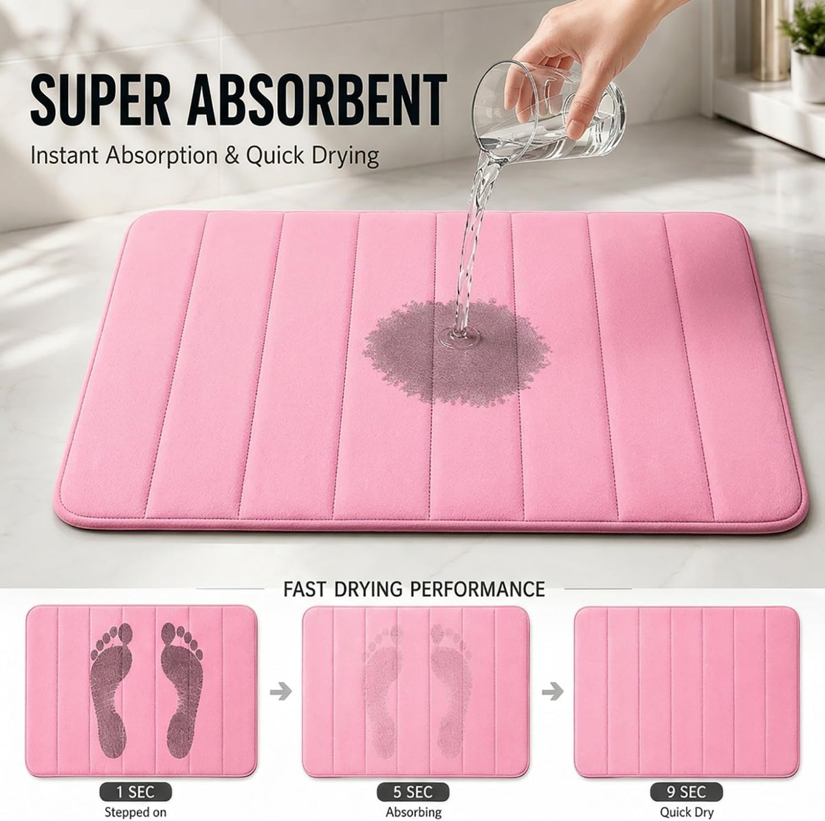 Memory Foam Bath Mat Set 3 Piece，Super Soft Absorbent Bathroom Rug Non Slip, Quick Dry,Machine Wash, Perfect Plush Bathroom Rugs,Home Decor Accessories,Pink