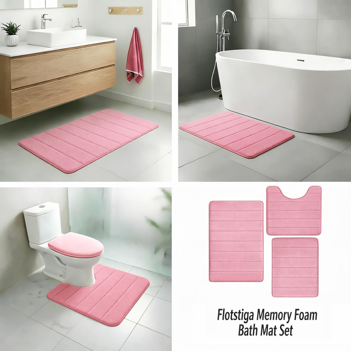 Memory Foam Bath Mat Set 3 Piece，Super Soft Absorbent Bathroom Rug Non Slip, Quick Dry,Machine Wash, Perfect Plush Bathroom Rugs,Home Decor Accessories,Pink
