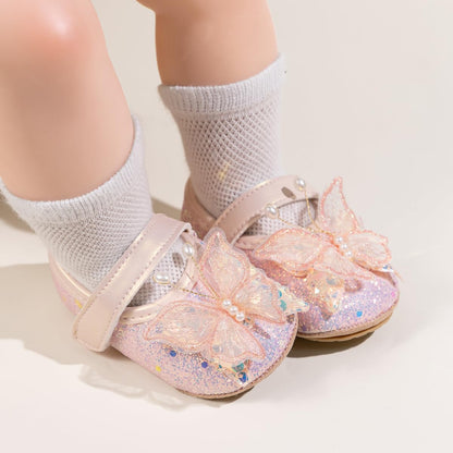 Baby Girls Mary Jane Flats Non Slip Soft Sole Bowknot Princess Wedding Dress Shoes Toddler First Walkers Infant Newborn Baptism Crib Shoes