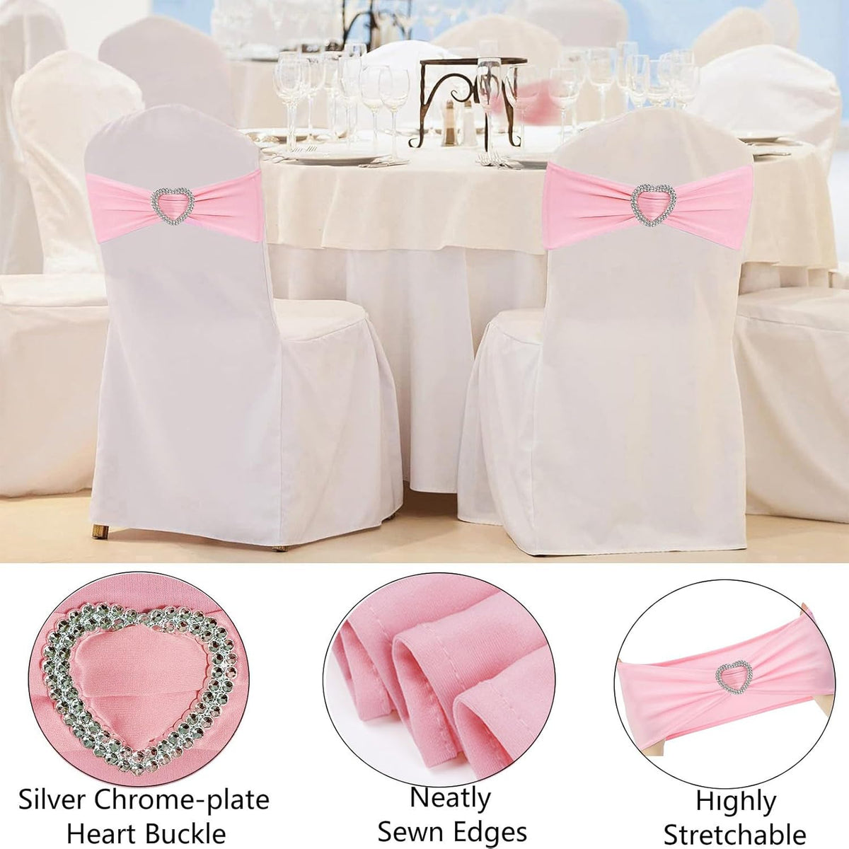 Light Pink Chair Sashes for Wedding 50Pcs Spandex Pink Sashes for Chairs Covers Stretch Chair Sashes Band with Heart Buckle Slider Wedding Sashes Bows for Banquet Party Decorations