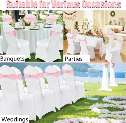 Light Pink Chair Sashes for Wedding 50Pcs Spandex Pink Sashes for Chairs Covers Stretch Chair Sashes Band with Heart Buckle Slider Wedding Sashes Bows for Banquet Party Decorations