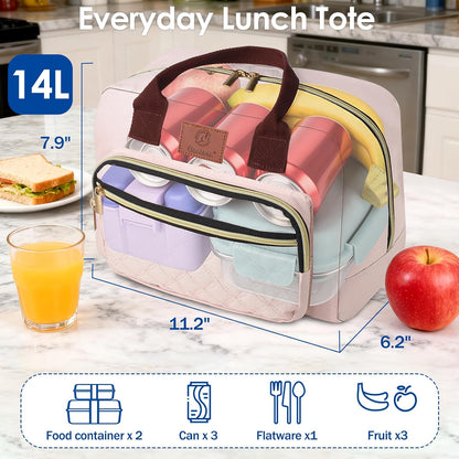 Insulated Lunch Box for Adult Women Office Work and Teen Girls School, Waterproof Leakproof Reusable Cooler Lunch Tote for Picnic Travel-Pink