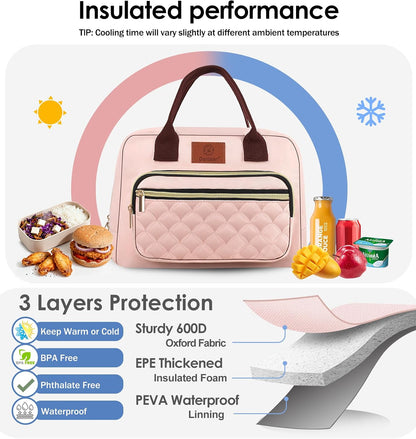 Insulated Lunch Box for Adult Women Office Work and Teen Girls School, Waterproof Leakproof Reusable Cooler Lunch Tote for Picnic Travel-Pink