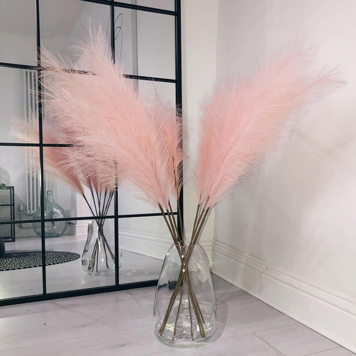 43 Inch Fluffy Fake Faux Pampas Grass Large Stems 3 Pcs for Tall Vase Filler, Boho Home Kitchen Wedding Room Decor (Pink)