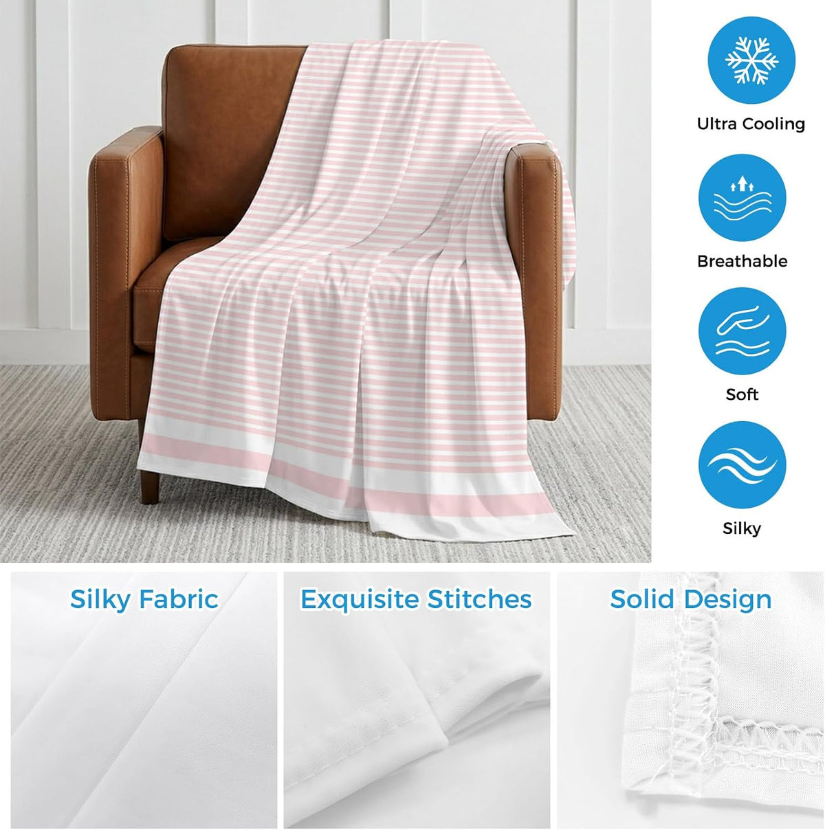 Cooling Blanket for Hot Sleepers Pink Stripe Lightweight Breathable Double Sided Summer Blanket Stripe Pink White Cooling Throw Blanket for Couch Bed Night Sweats 30"x40"