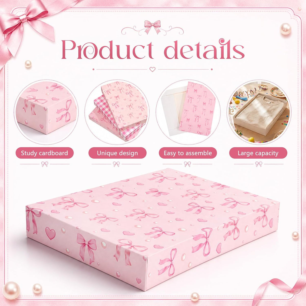 6 Pcs Large Shirt Gift Boxes with Lids 14.5 x 10 x 2 Inches Pink Bow Gift Box for Presents 3 Designs Shirt Boxes for Christmas Wedding Holiday Birthday Parties