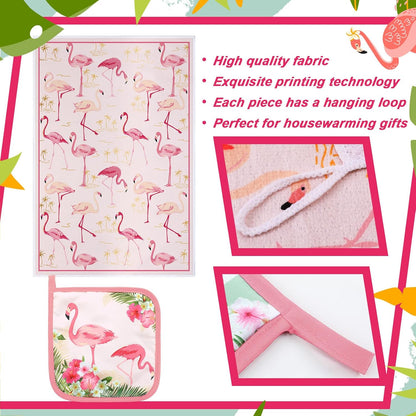 6 Pcs Flamingo Kitchen Towels Pot Holders and Oven Mitts Set Soft Cotton Linen Dish Towel Heat Resistant Oven Mitts for Summer Kitchen Decor Cooking Baking Grilling, Pink