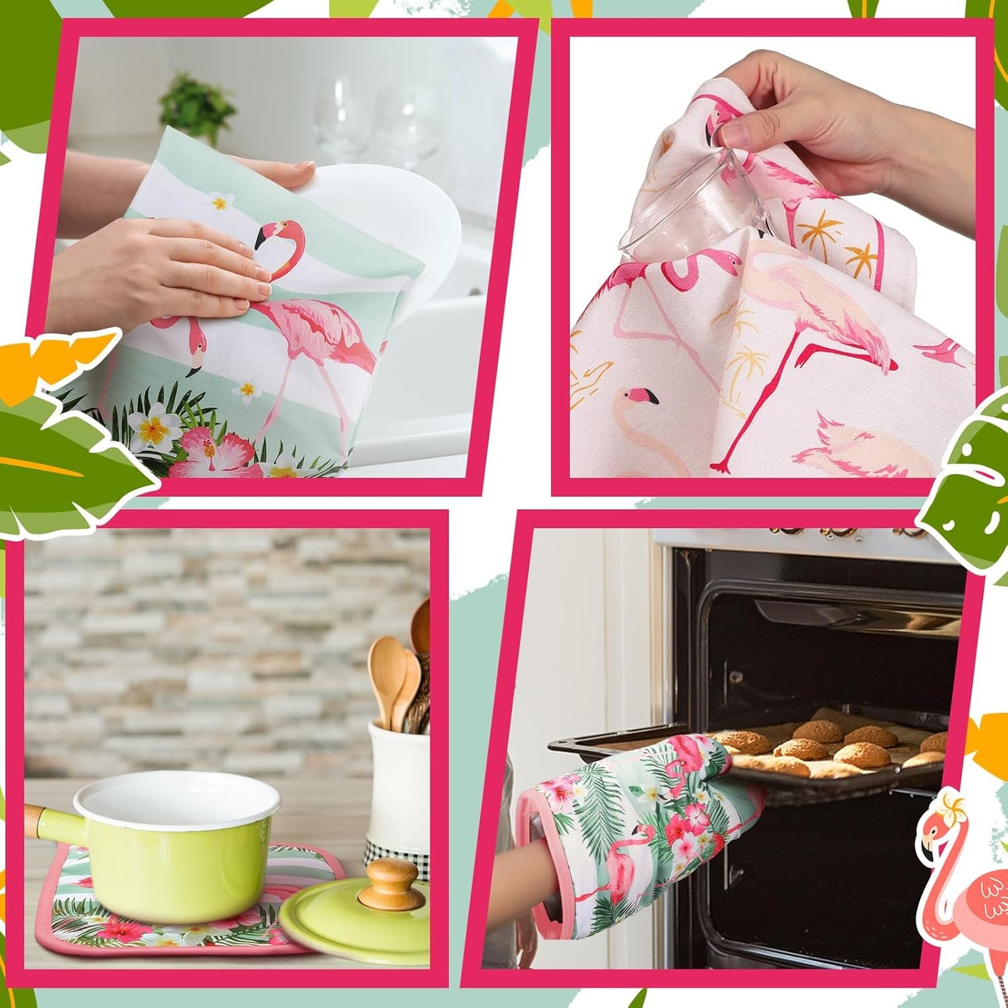 6 Pcs Flamingo Kitchen Towels Pot Holders and Oven Mitts Set Soft Cotton Linen Dish Towel Heat Resistant Oven Mitts for Summer Kitchen Decor Cooking Baking Grilling, Pink