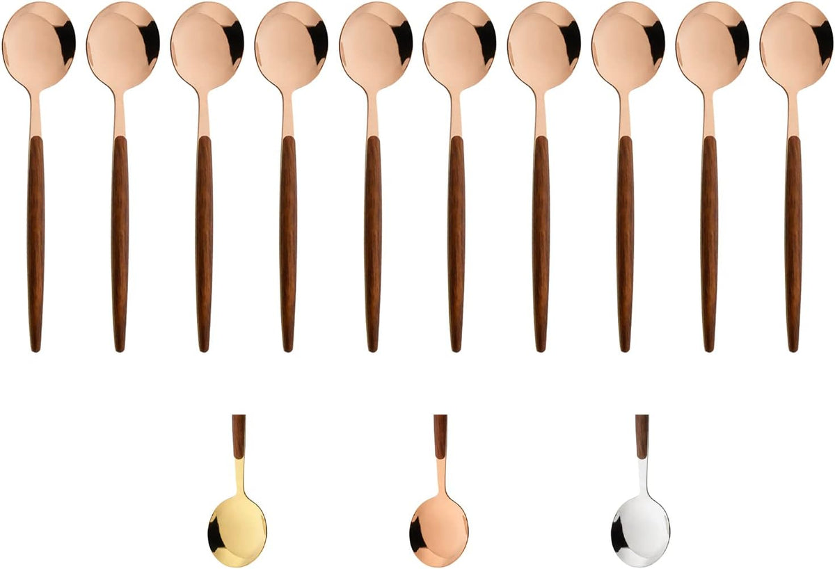 10-pieces Stainless Steel Teaspoon Set with Wooden Handle Durable Small Spoon Coffee Ice Tea Dessert Spoon Mini 5.9-Inch Mirror - Rose Gold