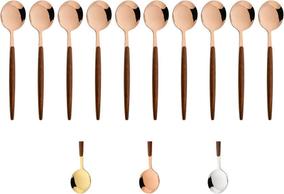 10-pieces Stainless Steel Teaspoon Set with Wooden Handle Durable Small Spoon Coffee Ice Tea Dessert Spoon Mini 5.9-Inch Mirror - Rose Gold