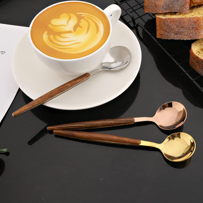 10-pieces Stainless Steel Teaspoon Set with Wooden Handle Durable Small Spoon Coffee Ice Tea Dessert Spoon Mini 5.9-Inch Mirror - Rose Gold