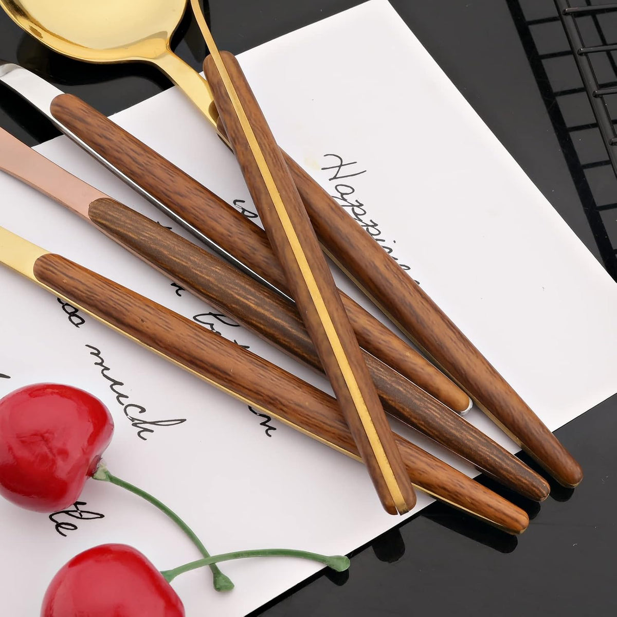 10-pieces Stainless Steel Teaspoon Set with Wooden Handle Durable Small Spoon Coffee Ice Tea Dessert Spoon Mini 5.9-Inch Mirror - Rose Gold