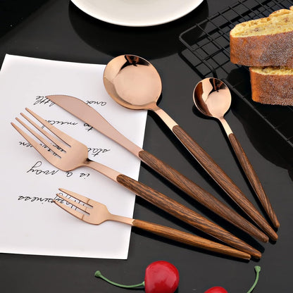 10-pieces Stainless Steel Teaspoon Set with Wooden Handle Durable Small Spoon Coffee Ice Tea Dessert Spoon Mini 5.9-Inch Mirror - Rose Gold