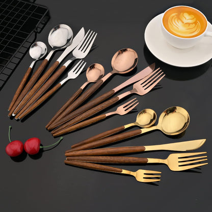 10-pieces Stainless Steel Teaspoon Set with Wooden Handle Durable Small Spoon Coffee Ice Tea Dessert Spoon Mini 5.9-Inch Mirror - Rose Gold