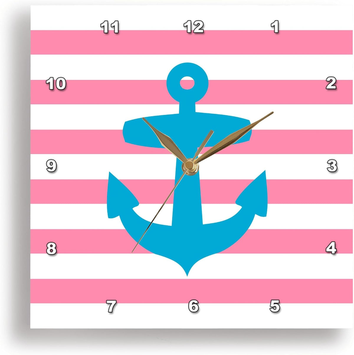 Nautical Light Blue Anchor with Coral red or Pink Sailor Stripes Pattern - French Breton Stripe 10x10 Wall Clock