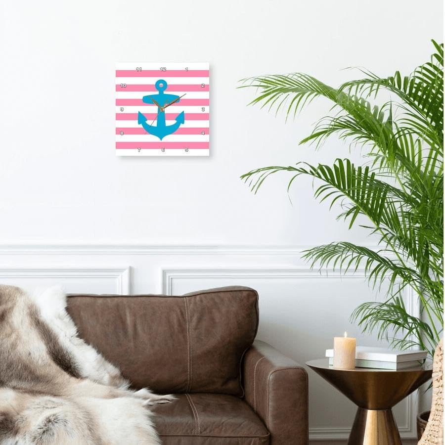 Nautical Light Blue Anchor with Coral red or Pink Sailor Stripes Pattern - French Breton Stripe 10x10 Wall Clock