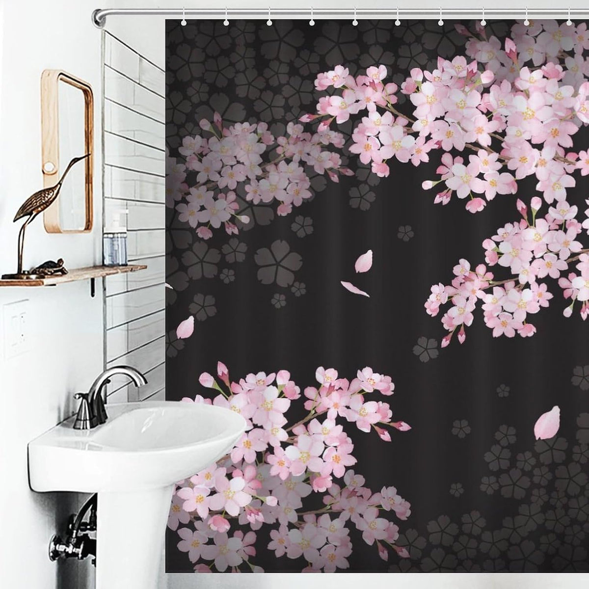 Cherry Blossom Shower Curtain for Bathroom, Asian Japanese Style Pink Floral Flower Plum Blossom Oriental Waterproof Fabric Shower Curtain Set with Hooks, 72"x78" Inch