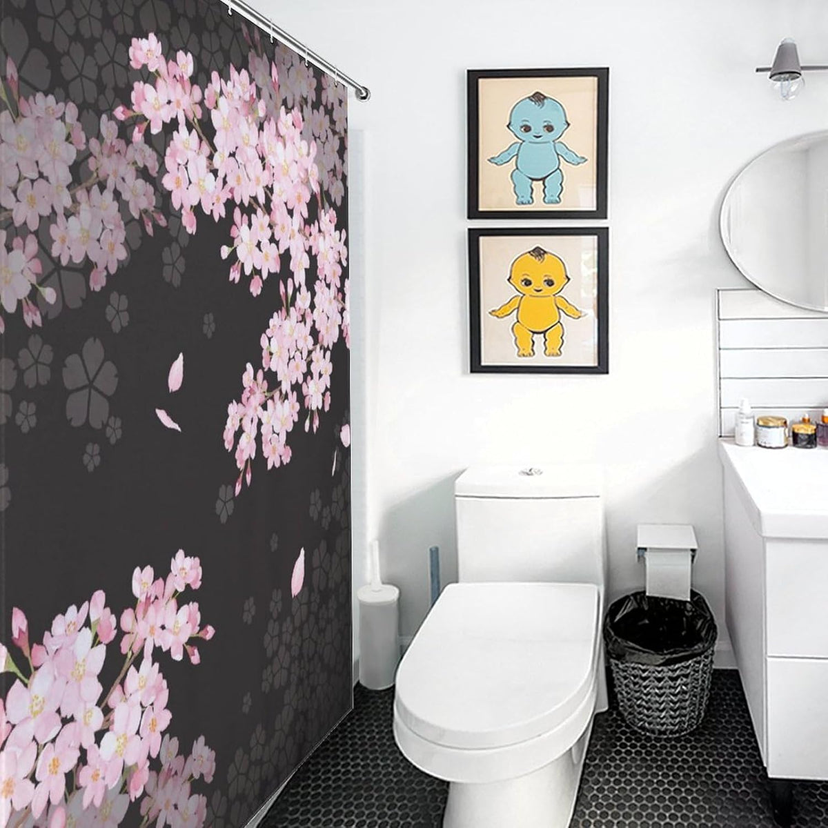 Cherry Blossom Shower Curtain for Bathroom, Asian Japanese Style Pink Floral Flower Plum Blossom Oriental Waterproof Fabric Shower Curtain Set with Hooks, 72"x78" Inch