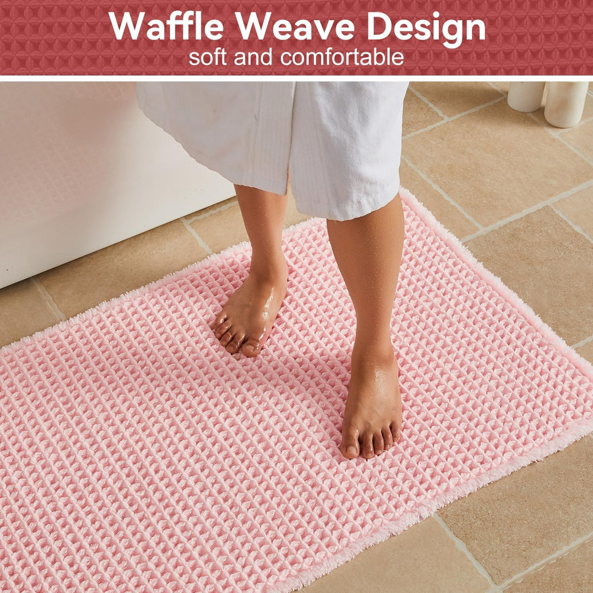 Waffle Runner Bath Mat - Long Bathroom Rugs Non Slip Washable, Ultra Soft Super Absorbent Quick Dry Boho Farmhouse Bathroom Decor, 24" x 72", Light Peachy Pink