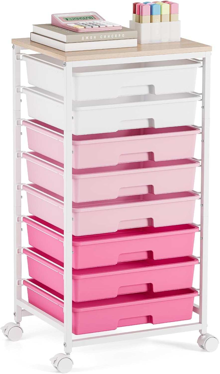 Rolling Storage Cart with 8 Drawers,Rose Pink