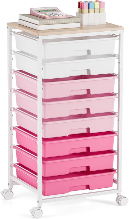 Rolling Storage Cart with 8 Drawers,Rose Pink