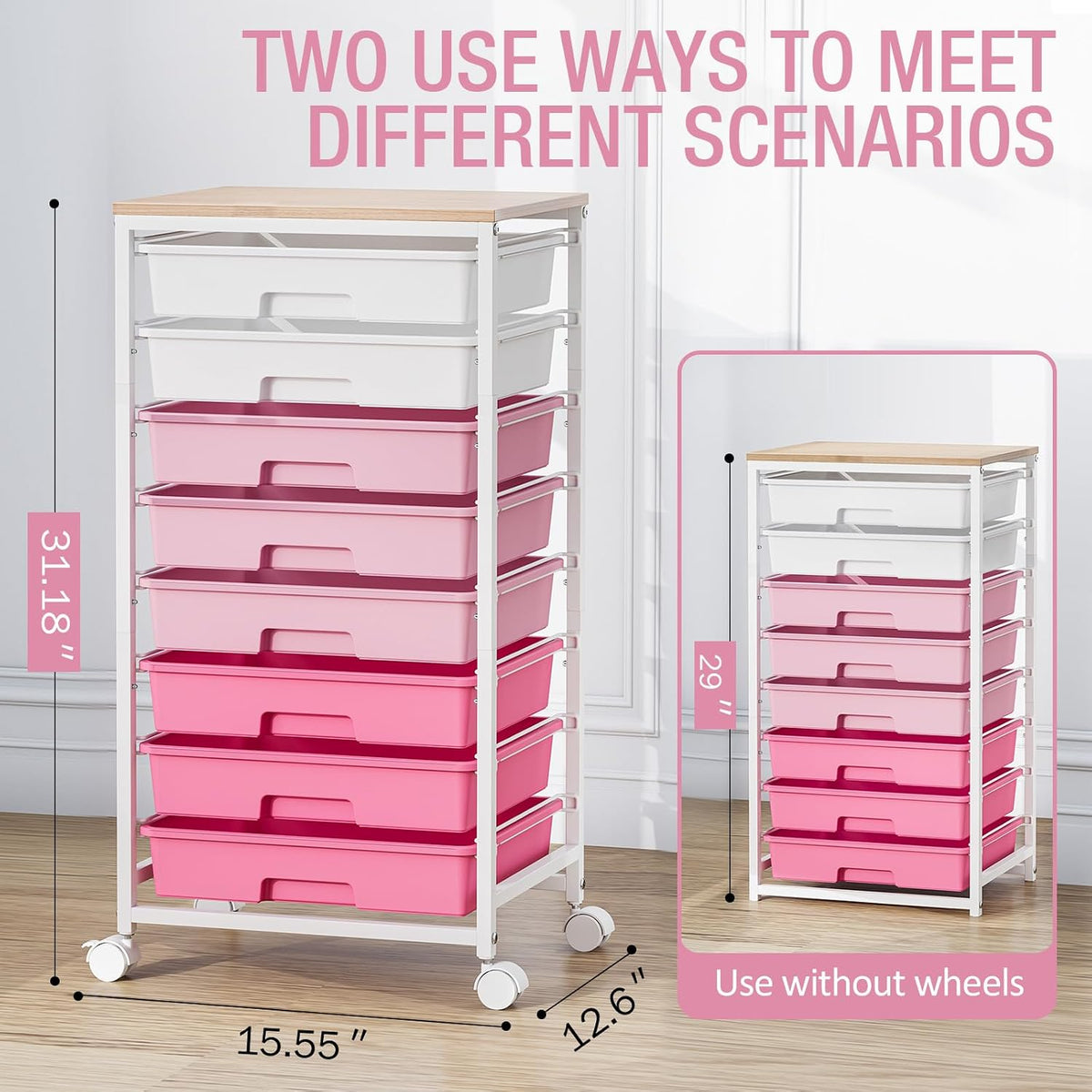 Rolling Storage Cart with 8 Drawers,Rose Pink