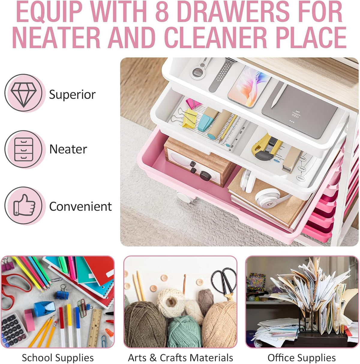Rolling Storage Cart with 8 Drawers,Rose Pink