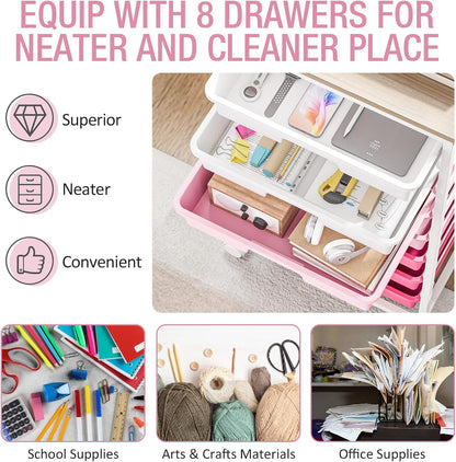 Rolling Storage Cart with 8 Drawers,Rose Pink