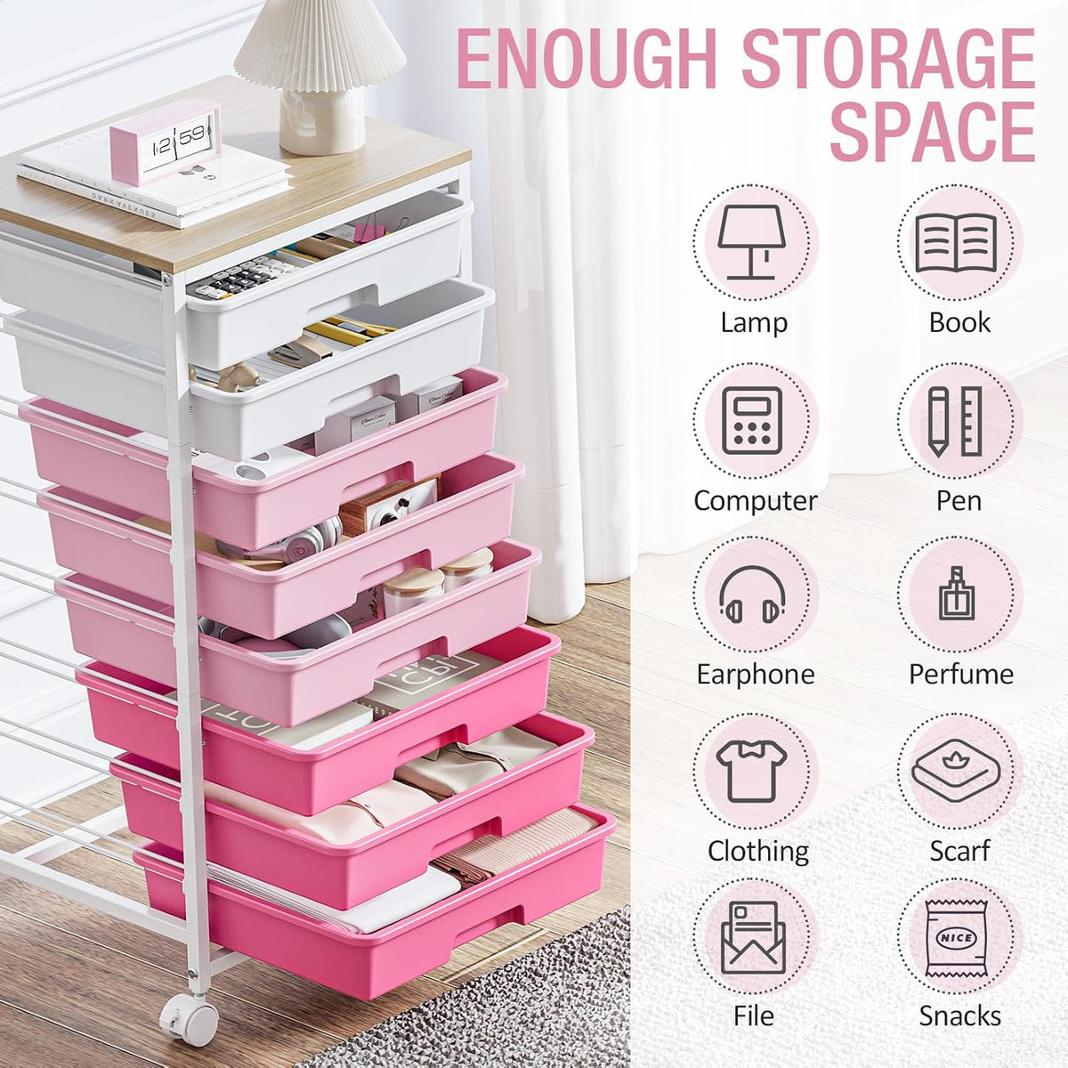 Rolling Storage Cart with 8 Drawers,Rose Pink