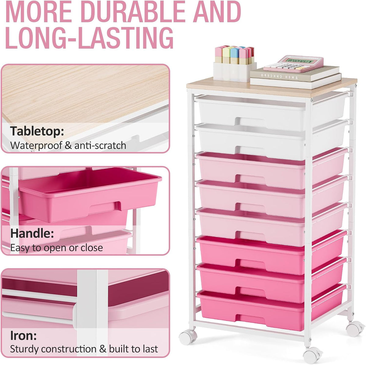 Rolling Storage Cart with 8 Drawers,Rose Pink