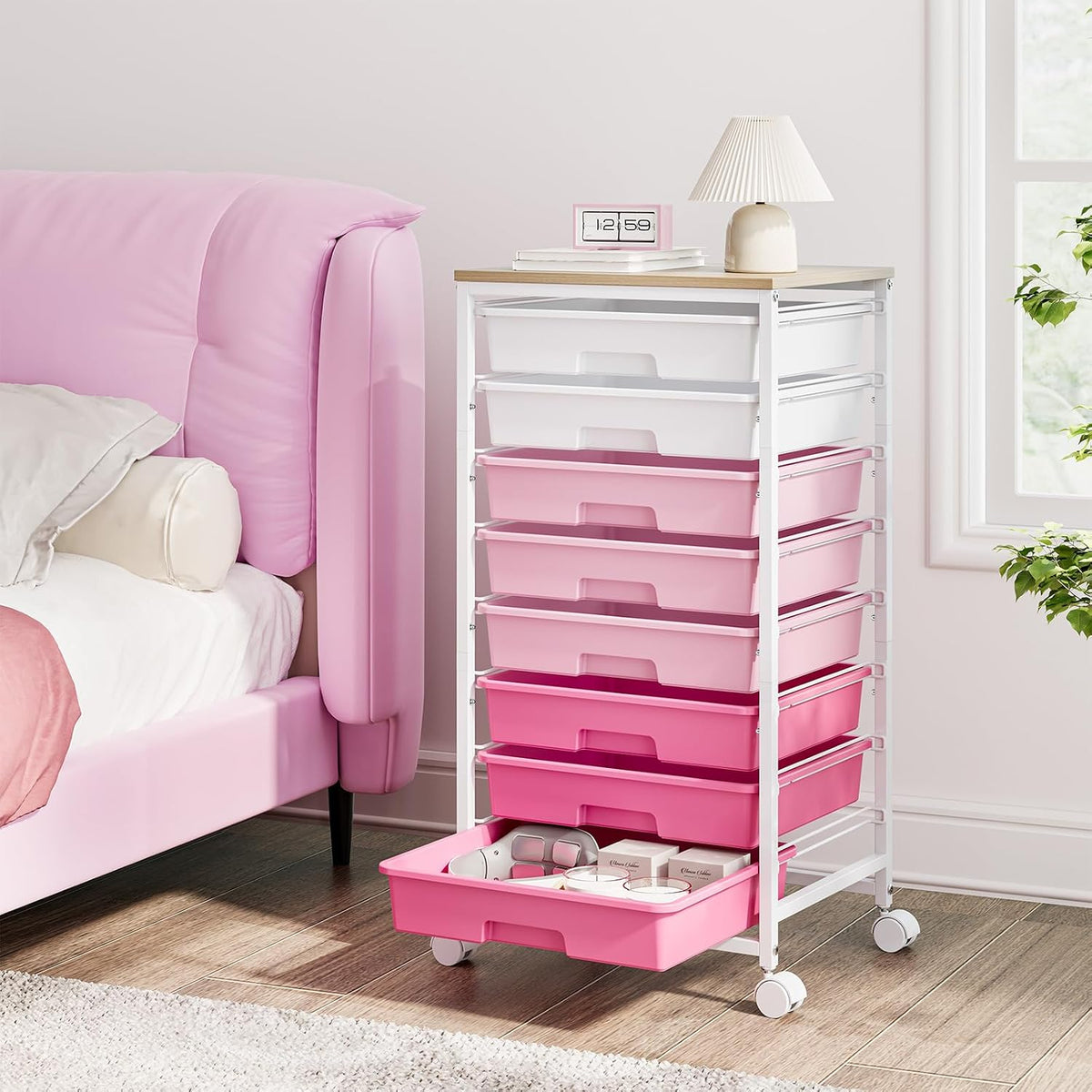 Rolling Storage Cart with 8 Drawers,Rose Pink