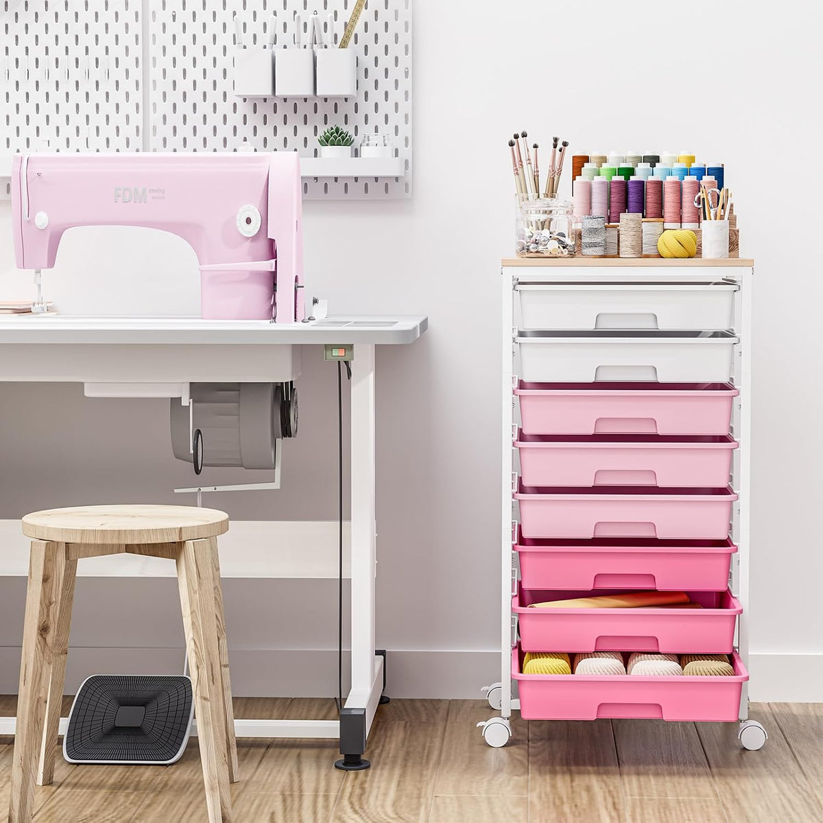 Rolling Storage Cart with 8 Drawers,Rose Pink