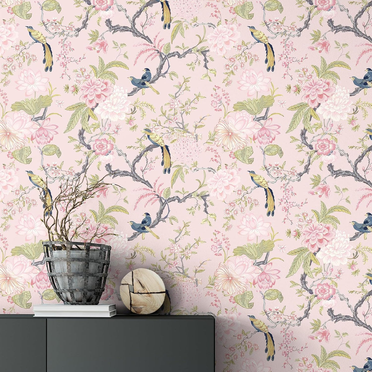 Chinoiserie Peel and Stick Wallpaper,15.75" X 118",A,Blush