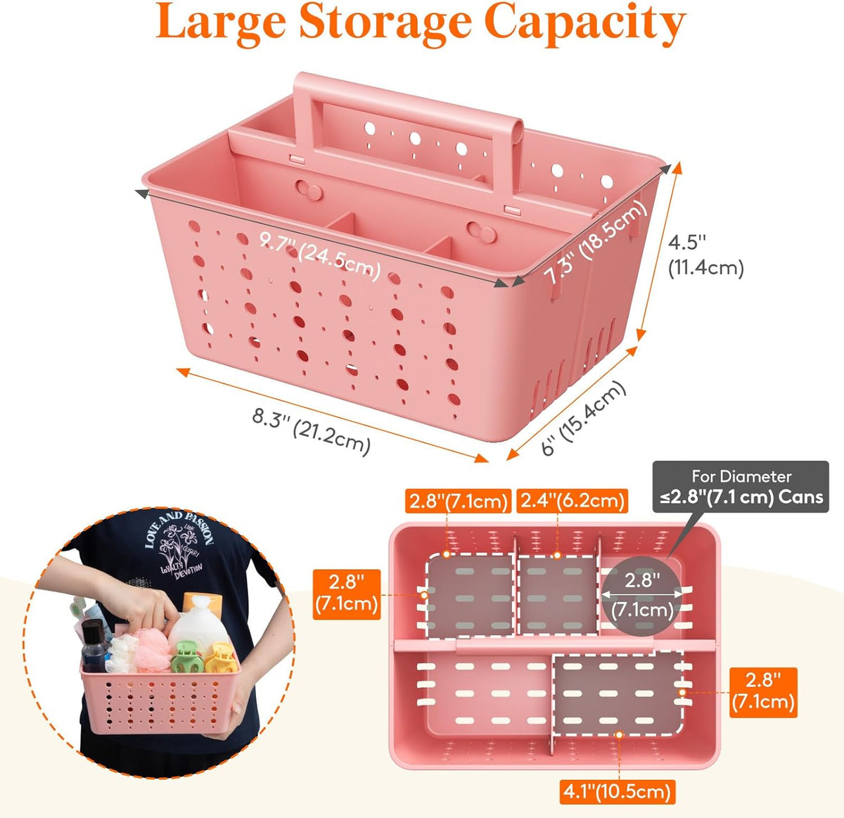 Portable Shower Caddy, Plastic Basket Organizer, Pink, 1 Pack
