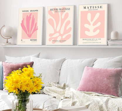 3Pcs Pink Matisse Wall Art Pictures Abstract Flower Market Poster Prints Retro Aesthetic Danish Pastels Canvas Painting Henri Matisse Artwork Wall Decor for Living Room Bedroom 12x16in Unframed