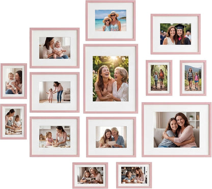 14 Pack Pink Picture Frames Set, 2pcs 11x14 Matted for 8x10, 6pcs 8x10 Matted for 5x7, 6pcs 5x7 Matted for 4x6, Gallery Frame Collage for Wall or Tabletop Display