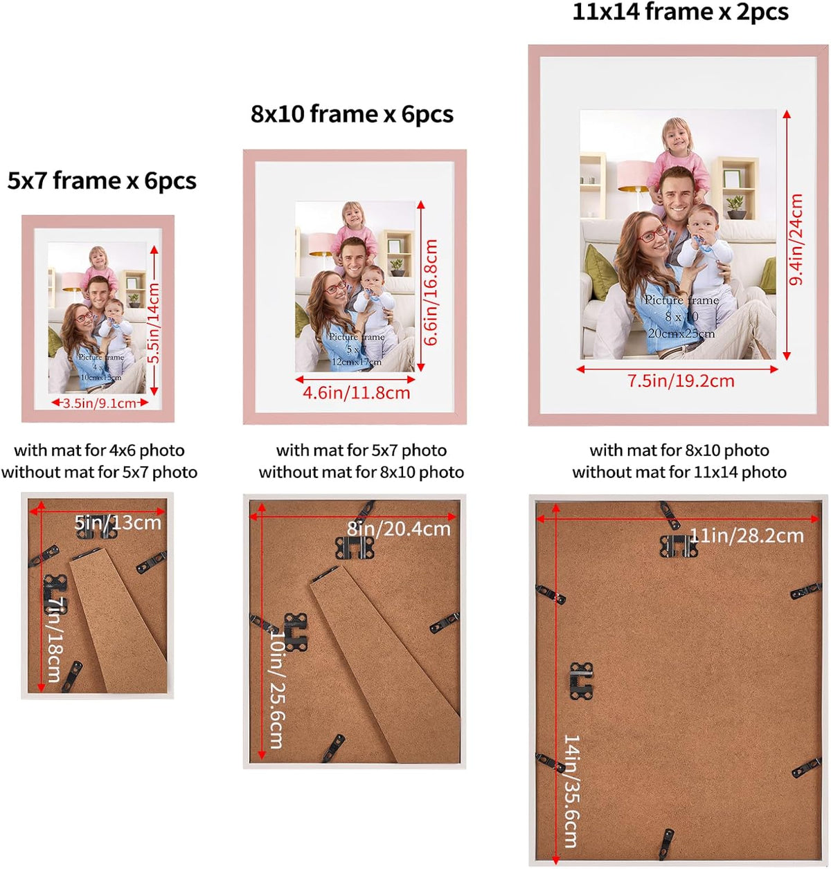 14 Pack Pink Picture Frames Set, 2pcs 11x14 Matted for 8x10, 6pcs 8x10 Matted for 5x7, 6pcs 5x7 Matted for 4x6, Gallery Frame Collage for Wall or Tabletop Display