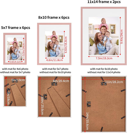 14 Pack Pink Picture Frames Set, 2pcs 11x14 Matted for 8x10, 6pcs 8x10 Matted for 5x7, 6pcs 5x7 Matted for 4x6, Gallery Frame Collage for Wall or Tabletop Display