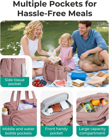 Lunch Bag Lunch Box Women Insulated Cooler Bag for Work, Large Lunchbox for Adult, Leakproof Womens Lunch Tote Bags with Shoulder Strap for Travel, Picnic, Pink