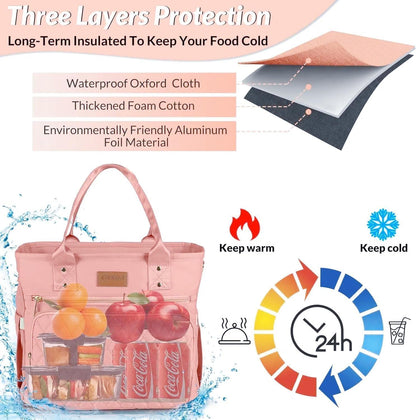 Lunch Bag Lunch Box Women Insulated Cooler Bag for Work, Large Lunchbox for Adult, Leakproof Womens Lunch Tote Bags with Shoulder Strap for Travel, Picnic, Pink